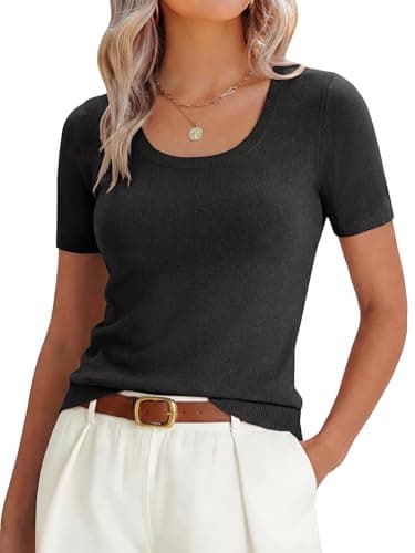 ANRABESS Womens Short Sleeve Sweaters Wool Blend Summer Scoop Neck Casual Business Knit Shirts Slim Fit Work Tops Outfits Black X-Large - Image 1