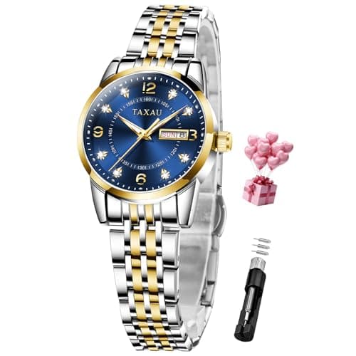 Taxau Womens Watches for Small Wrist Watches for Women Dress Ladies Watch Water Resistant Stainless Steel Analog Quartz Silver-Gold Watch with Date Blue Face Elegant Reloj para Mujer - Image 1