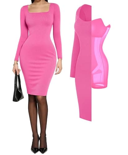 Popilush Plus Size Pink Dress Long Sleeve Cocktail Square Neck Midi Dress Shapewear Tummy Control Bodycon Dress Party Evening Built in Bra - Image 1