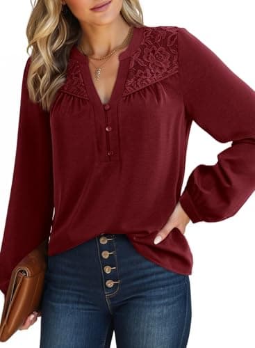 Dokotoo Womens Long Sleeve Tops Dressy Casual Blouses Spring Clothes Business Work Blouses Button Down Shirts V Neck Red Tops for Women XXL - Image 1