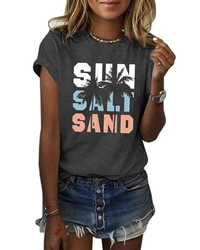 GEMLON Sun Salt Sand Beach Tshirt for Women Summer Coconut Tree Graphic Casual Short Sleeve Loose Fit Tee(Tree&Grey S) - Image 1