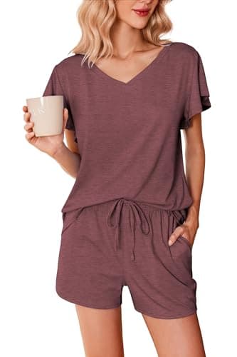 Ekouaer Sleepwear Set Women's Ruffle Short Sleeve Pajamas V Neck Comfy Pjs Lounge Sets with Pockets Deep Red Large - Image 1