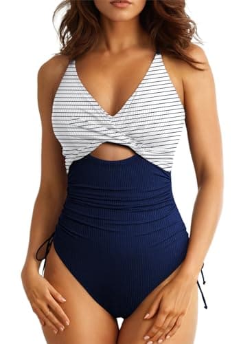 Aleumdr Women's Cutout One Piece Swimsuit Tummy Control Bathing Suit Twist Front High Cut Swimwear Striped Blue Large - Image 1