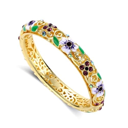 ULira Flor 18K Gold Plated Cloisonne Bangle Bracelets for Women, Inlaid with AAA Cubic Zirconia, Enamel Craft Jewelry-Floral Element,Retro Trendy Fashion Palace Style, Perfect Jewelry Gift Idea for Her, Girlfriend, Wife, Mom, Sister, Lover on Birthday, Christmas, Valentine's Day, Mother's Day - Image 1