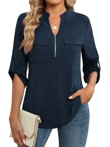 Funlingo Business Casual Tops for Women 3/4 Sleeve Zip Front V Neck Flowy Blouses Dressy Office Work Shirts Tunics to Wear with Leggings Deep Blue M - Image 1