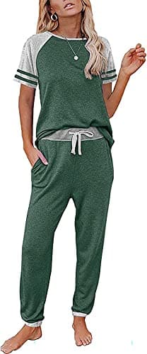PRETTYGARDEN Women's Two Piece Outfits Jogger Sets Striped Short Sleeve Pullover and Long Pants Tracksuit Pajama Lounge Set(Dark Green,X-Large) - Image 1
