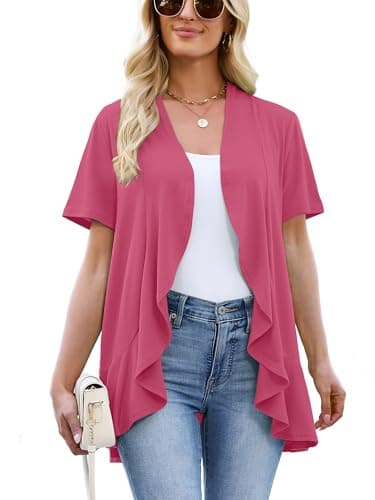 Heymoments Lightweight Cardigan for Women Magenta Small Draped Open-Front Short Sleeve Casual Soft Drape Summer Kimonos Ladies Ruffle Shrug - Image 1