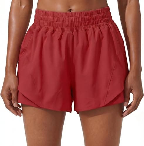 PrinStory Athletic Shorts for Women High Waisted Running Quick Dry Gym Workout Shorts with Zipper Pockets Red-XL - Image 1