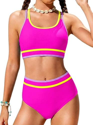 Girls Hot Pink Swimsuits Size 10-12 Two Piece Bathing Suits Sport Trajes De Baño para Niñas Hot Pink Swim Neon Color Block Bikini Sets for Teens Adjustable Double Straps Padded Modest Swimwear - Image 1