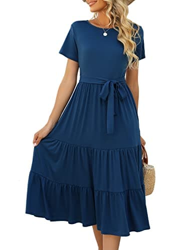 Lyrur Blue Dress Women's Casual Summer Tiered Midi Dresses Ruffle Babydoll Belted Boho Sundress with Pockets(S,9191-Deep Blu) - Image 1