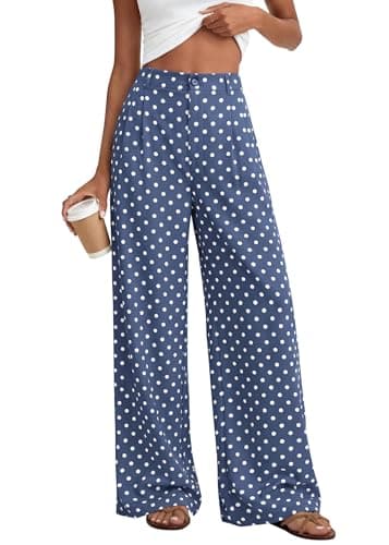 KIRUNDO Dress Pants Women 2026 Summer Polka Dot Palazzo Wide Leg Trousers Flowy Business Casual Slacks for Work with Pockets(Dot Dusty Blue White, XX-Large) - Image 1