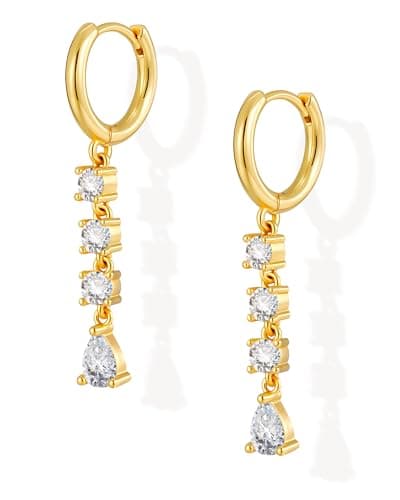 Shownee Gold Dangle Earrings for Women - Long CZ Drop Dangling Huggie Hoops 14K Gold Plated Lightweight Hypoallergenic Jewelry Gift Birthday Graduation Gift for Her Mothers Day Gifts for Mom - Image 1