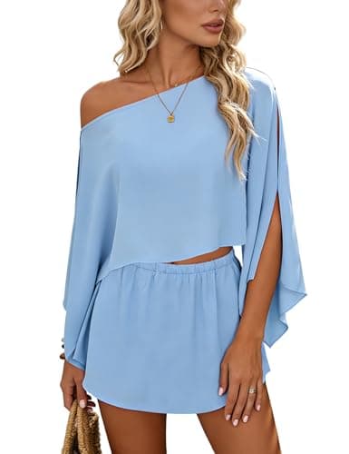 Joyfunear Women's Chiffon Macthing Sets Summer Smock Tops With Tube And Skirts Party Vacation Beach Cruise 3 Piece Outfit Blue Medium - Image 1