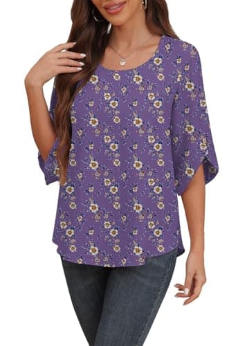 Askyes Women's Blouses Tops Summer Short Sleeve Fashion Tops for Women Flowy Chiffon T-Shirts,Purple Floral,L - Image 1
