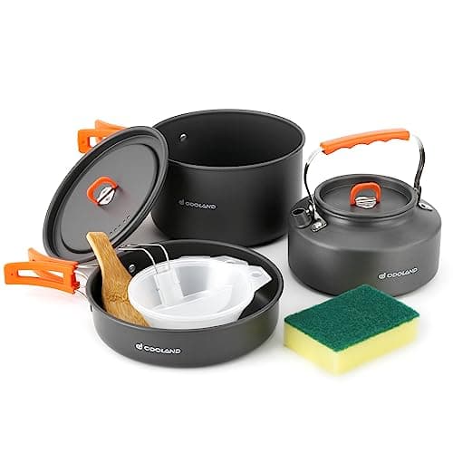 Odoland 10pcs Camping Cookware Camping Pots and Pans Set with Kettle Plastic Bowls and Soup Spoon for Camping, Backpacking, Outdoor Cooking and Picnic - Image 1