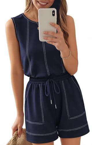 Theenkoln Womens Summer Sleeveless Rompers:Crewneck Adjustable Drawstring Waistband Beach Casual Outfits with Pockets Navy Blue XLarege - Image 1