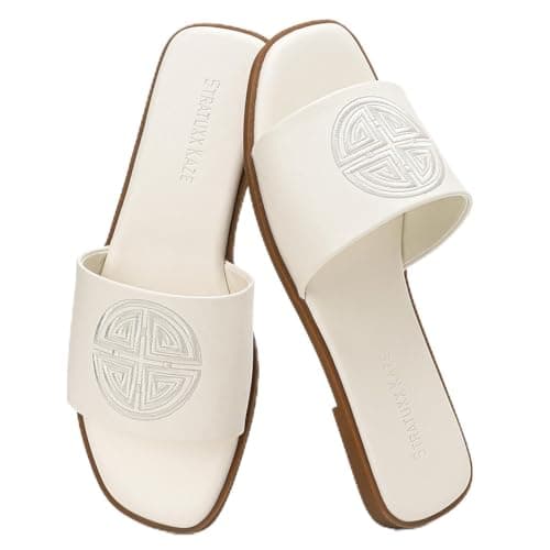 Stratuxx Kaze Womens Flat Sandals Dressy Summer Slide with Memory Foam Comfortable Cute Leather White Sandals for Women - Image 1