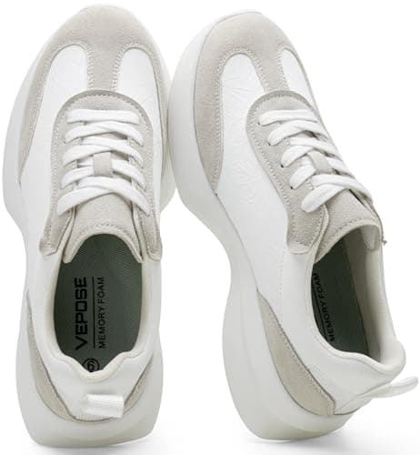 Vepose Women's White Grey Lightweight Platform Sneakers Chunky Casual Tennis Shoes, Memory Foam Non Slip, Suede Pu Lace Up, Everyday Walking Travel Office Size 9.5(CJY8216 White Grey 09.5) - Image 1