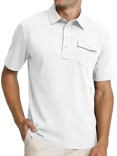 JEMLDL Mens Polo Shirts Short Sleeve Golf Tennis Shirt Quick Dry Collared Casual Work Tops with Pocket 4 Button Placket Tops White S - Image 1