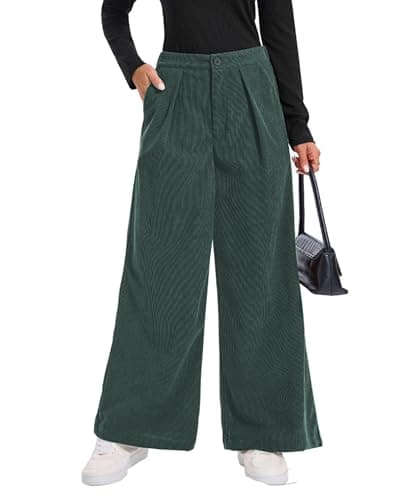 Ystguic Women's High Empire Elastic Waist Corduroy One Button Zipper Wide Leg Palazzo Dark Green Pant with Pockets Casual Spring Summer Loose Vocation Holiday Comfy Slack Trousers - Image 1