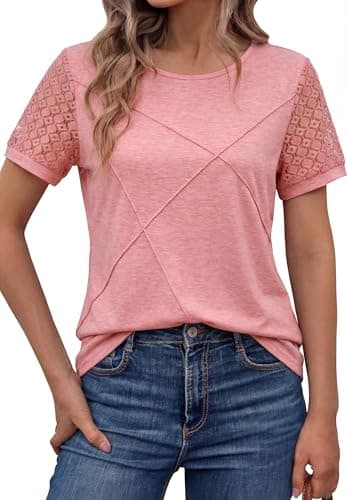 Women's Short Sleeve Shirts, Dressy Lace Summer Trendy T-Shirts, Casual Tops for Women with Round Neck, 2026 Cute Blouses for Work, Travel and Lounge Pink, Large - Image 1