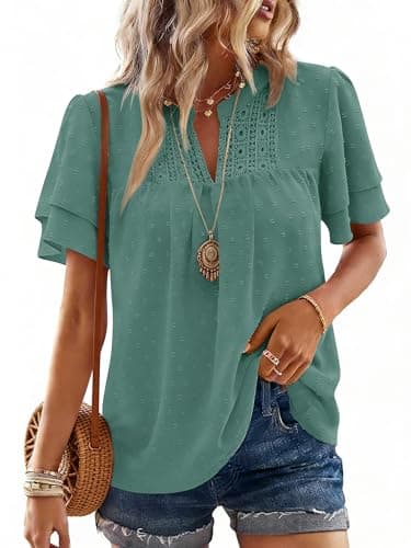 Bellcoco Boho Tops for Women Summer Short Sleeve Shirts Vneck Ruffle Flowy Blouses Dressy Casual Lace Hem Clothing(Cyan,Small) - Image 1