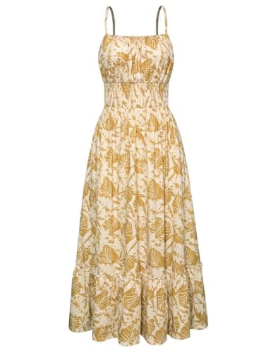 Summer Dresses for Women 2025 Spaghetti Strap Dress Floral Printed Casual Maxi Long Beach Dress Yellow Leaves S - Image 1