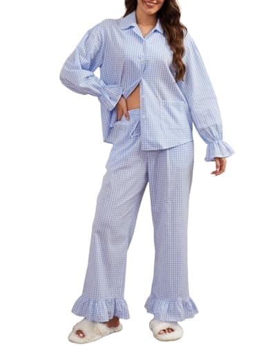 Wyeysyt Womens Cotton Plaid Pajamas Sets 2 Piece Ruffle Pjs Button Down Shirt Pants Lounge Set(Blue-S) - Image 1