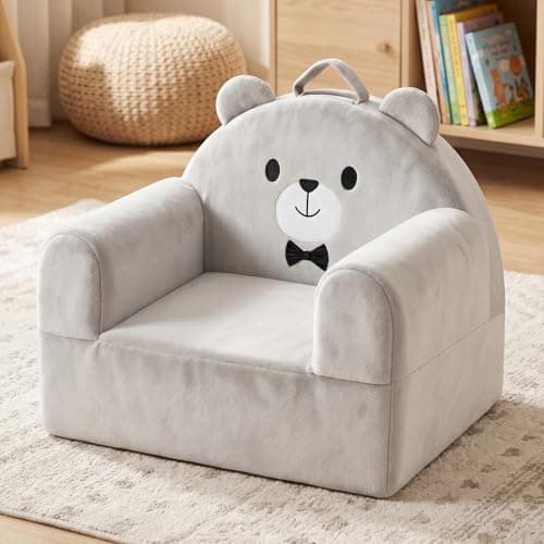 laapee Kids Sofa Chair with Removable Washable Cover & Magic-Tape Backrest Toddler Chair, Cozy Crystal Velvet Furniture for Playtime, Naps & Travel (Soft Grey, Bear Design) - Image 1