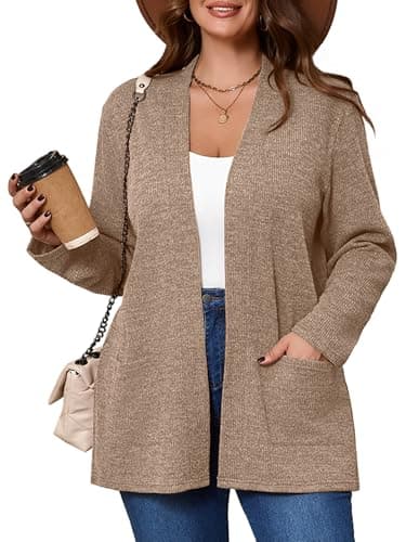 AusLook Women's Plus Size Lightweight Open Front Cardigan Latte 5X Causal Long Sleeve Sweater Cover Ups Jacket Shrugs Tops Shawls and Wraps Kimono - Image 1