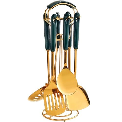Novellus Stainless Steel Gold Kitchen Utensils Set with Holder, 7pcs Green