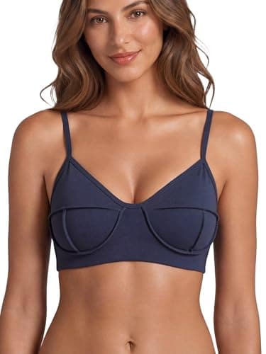 Sunzel Women's External 3D Contour Seam Sports Bra Adjustable Thin Straps Padded V Neck Yoga Bra Light Support Workout Tops Deep Blue - Image 1