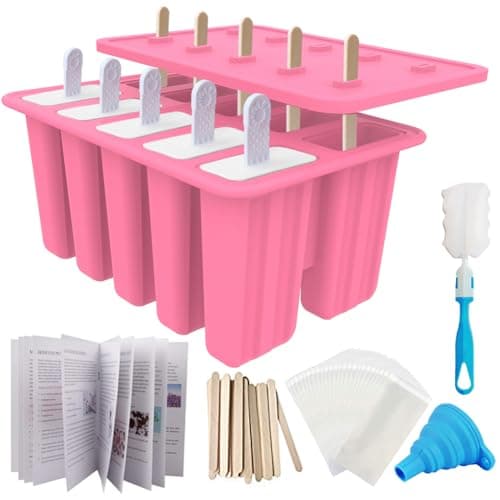 Miaowoof Homemade Popsicle Molds, 10-Cav Non-BPA Silicone Ice Pop Maker, with 50 Sticks, 50 Bags, 10 Reusable Sticks, Funnel, Brush and Ice Pop Recipe (Pink) - Image 1