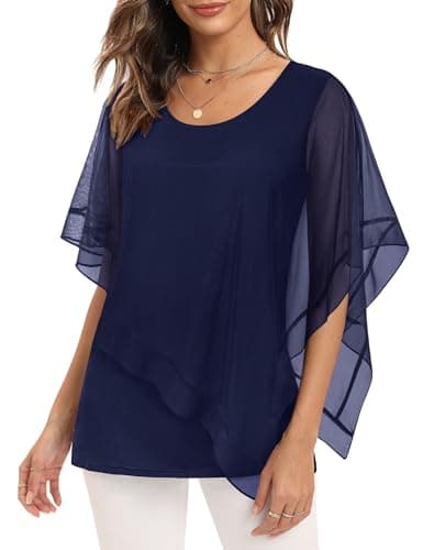 SeSe Code Blouses for Women Dressy Casual, Elegant Blouse Party Fashion 2025 Summer Flattering Tops to Hide Tummy Curvy Women Wear Work Ladies Office Clothes Poncho Top Navy Blue M - Image 1