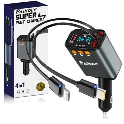 Bluetooth 5.3 Car Adapter, FM Transmitter Bluetooth Car Charger, 4 in 1 Retractable Car Charger, Phone USB C PD Fast Charging Adapter for RV SUV Truck, Fit iPhone 17/16/15/14 Samsung Galaxy S25/S24 - Image 1