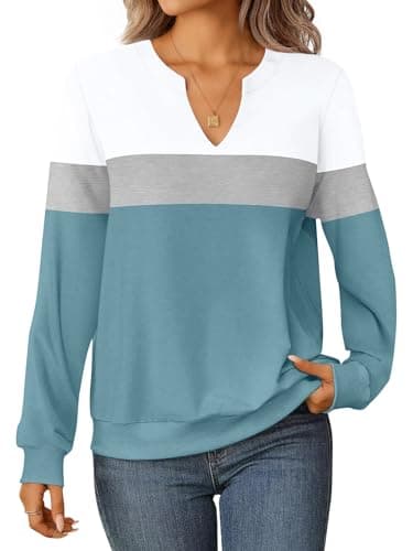 GKBK Womens Sweatshirts Long Sleeve Fall Tops Lightweight Color Block V Neck Cute Loose Casual Pullover - Image 1