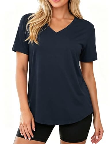 MAPICK V Neck Tops for Women Short Sleeve Gym Tee Workout Shirt Athletic Yoga Top Summer Loose Fit Tee Navy Blue - Image 1