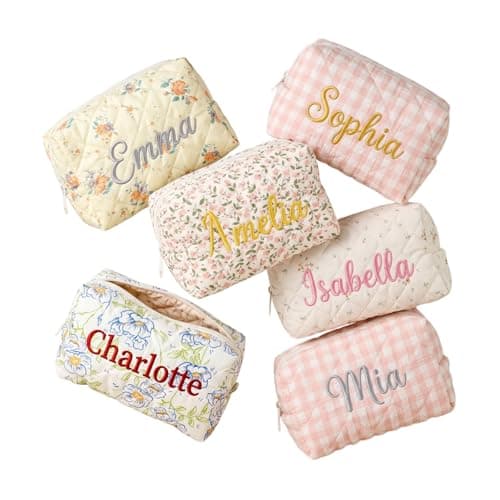 Toodoumama Personalized Makeup Bag Custom Embroidered Name Cosmetic Pouch, Quilted Floral Travel Toiletry Organizer for Women (Flat Pouch) - Image 1
