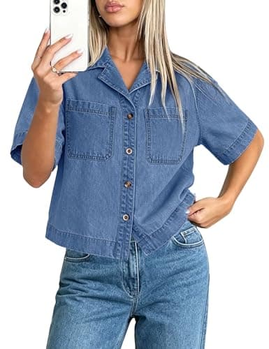 BISUAL Womens Crop Denim Top Short Sleeve Denim Shirt Button Down Jean Top For Women Cropped Denim Jacket with Pocket - Image 1