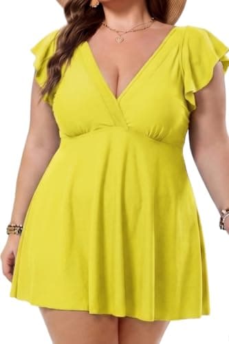 COCOPEAR Plus Size Swimsuit for Women Mesh Swim Dress Ruffle Swim Suits Tummy Control V Neck Bathing Suit Skirt Bright Yellow - Image 1
