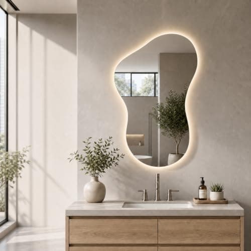 PIUDOC 24×36 Irregular Backlit Mirror Asymmetrical Bathroom Mirror with Lights LED Dimmable Mirror for Bathroom Makeup Area - Image 1