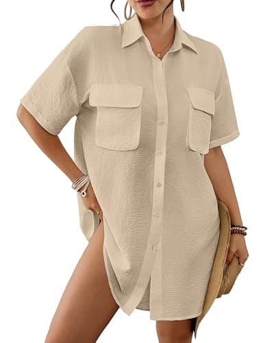 Bsubseach Womens Swimsuit Coverup Blouse Short Sleeve Button Down Shirt Dress Bathing Suit Cover Ups Beach Vacation Outfits Khaki L - Image 1