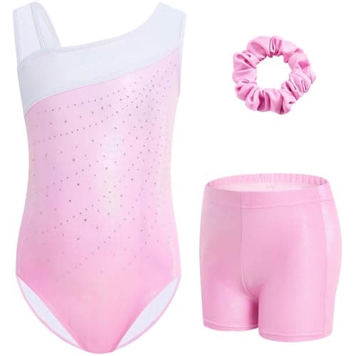 Gogokids Gymnastics Leotards for Girls Sloping Shoulders Kids Dance Unitards Biketards with Shorts, C-Pink, 6-7 Years - Image 1