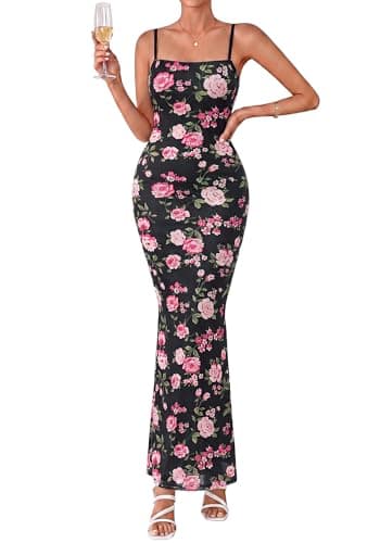 BTFBM Womens Summer Maxi Dress 2026 Floral Mesh Spaghetti Straps Sleeveless Sexy Bodycon Wedding Cocktail Party Dresses(Floral Black Pink, XX-Large) - Image 1