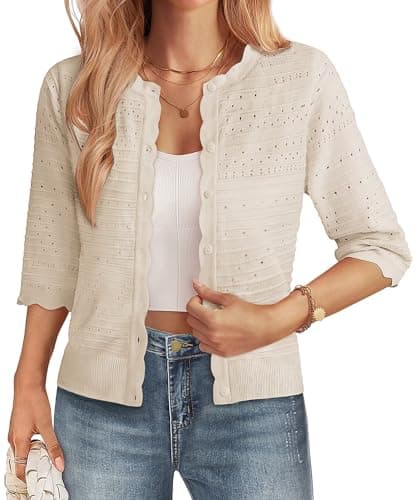 GRACE KARIN Womens Short Sleeve Cardigan Sweater Lightweight Cropped Cardigan Trendy Dressy Casual Crochet Bolero Shrugs Beige - Image 1