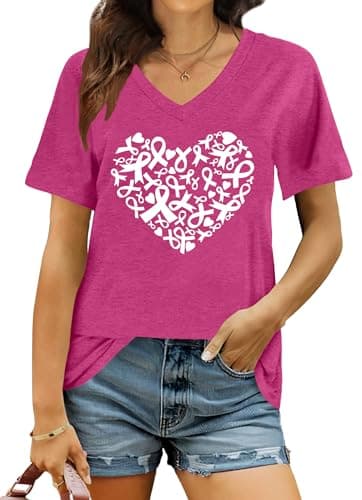 Ithalt Breast Cancer Shirt Women Pink Ribbon Shirts Breast Cancer Awareness Tee Cancer Survivor V Neck Tshirts(Pink1, Large) - Image 1