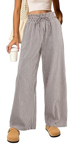 Dookttker Cotton Gingham Striped Pants Women High Waisted Ruffle Wide Leg Lounge Pajama Trousers with Pockets - Image 1