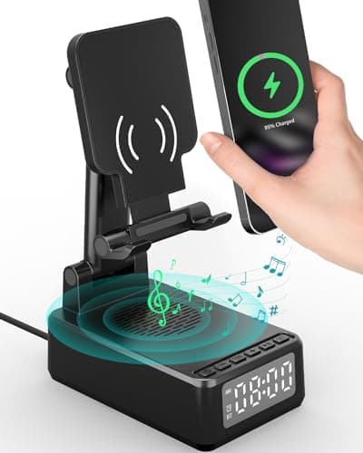 Gifts for Men Cell Phone Stand with Wireless Bluetooth Speaker and Wireless Charger, Phone Charger Stand with Digital Alarm Clock for iPhone, Birthday Gifts for Men,Boyfriend,Dad,Women,Christmas - Image 1