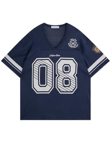 Aelfric Eden Jersey Shirts for Women Y2k Oversized V Neck Graphic Tees Football Number Streetwear T Shirt Tops Navy Blue XL