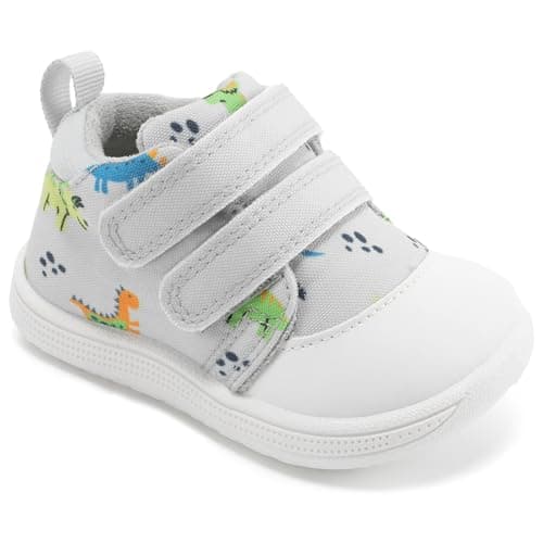 STQ KIDS Wide Toe Box Baby Girls Sneaker Toddler Barefoot Walking Shoes Comfort Infant Tennis Shoe Soft First Walker Non-Slip Mid Top Ankle Support Light Grey Dinosaur 6-9 Months Infant Size 3 US - Image 1
